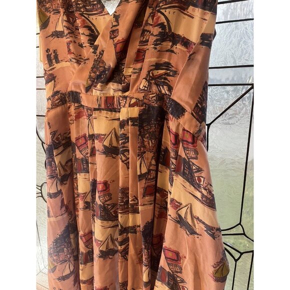 Svilu Pleated Crepe De Chine Size 6 100% Silk Dress Pink with Sailboats - Picture 3 of 16